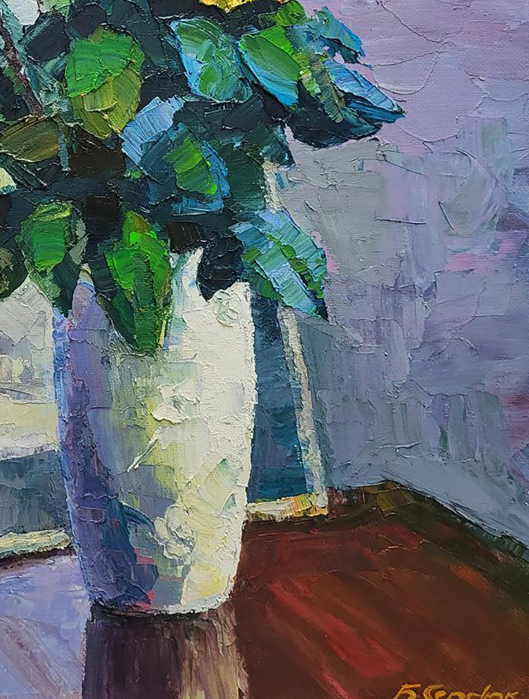 Oil painting Roses Boris Serdyuk: white vase with purple blue accents, lush green impasto leaves