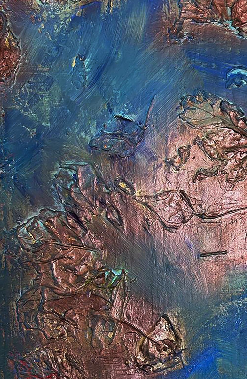 Abstract Leaves in Water acrylic painting by Olga Melezhik, blue and copper textures