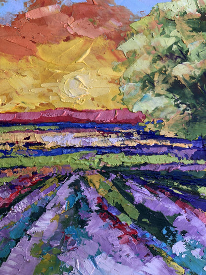 Vibrant impressionist oil painting Sunset in the field by V. Zadorozhnya