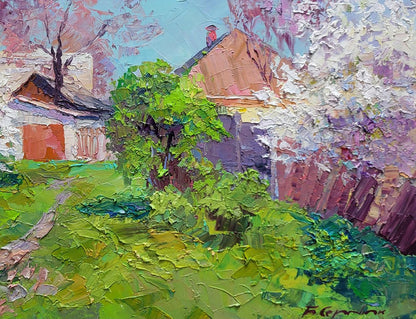 Vibrant impressionist oil painting of Boris Serdyuk flowering garden countryside