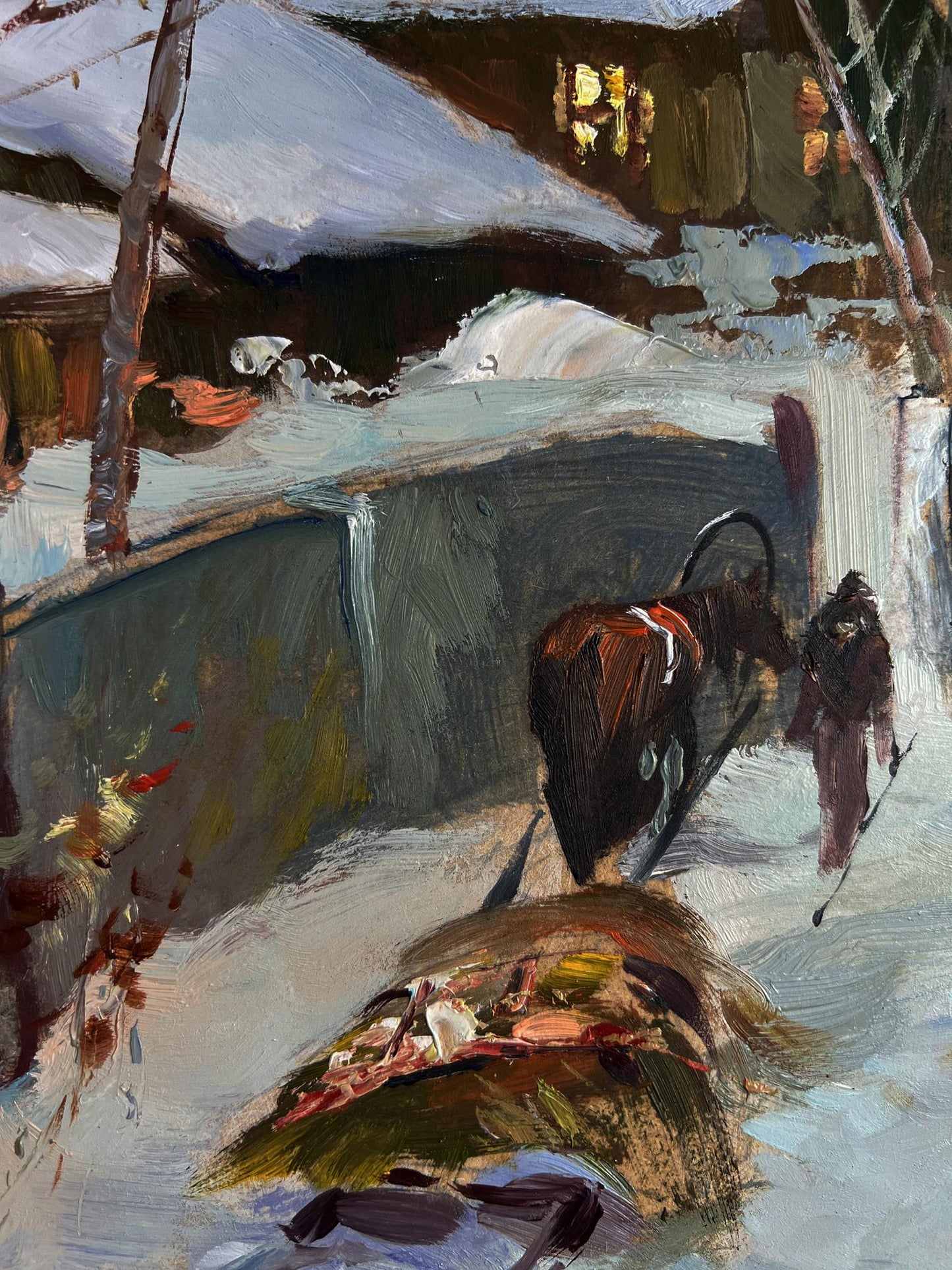Oil painting by Yuriy Suprunchuk: dark brown horse harnessed pulling colorful sled in snow