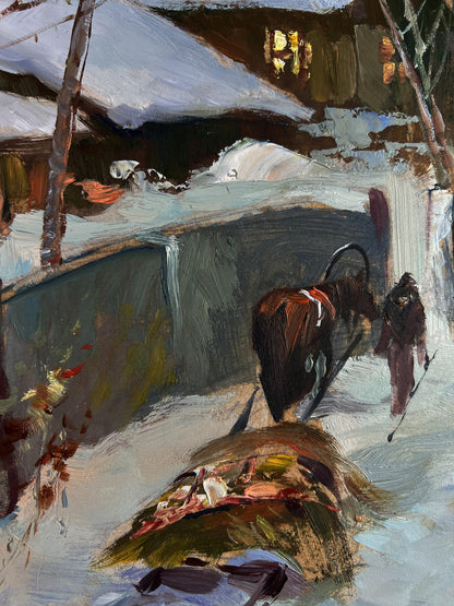 Oil painting by Yuriy Suprunchuk: dark brown horse harnessed pulling colorful sled in snow
