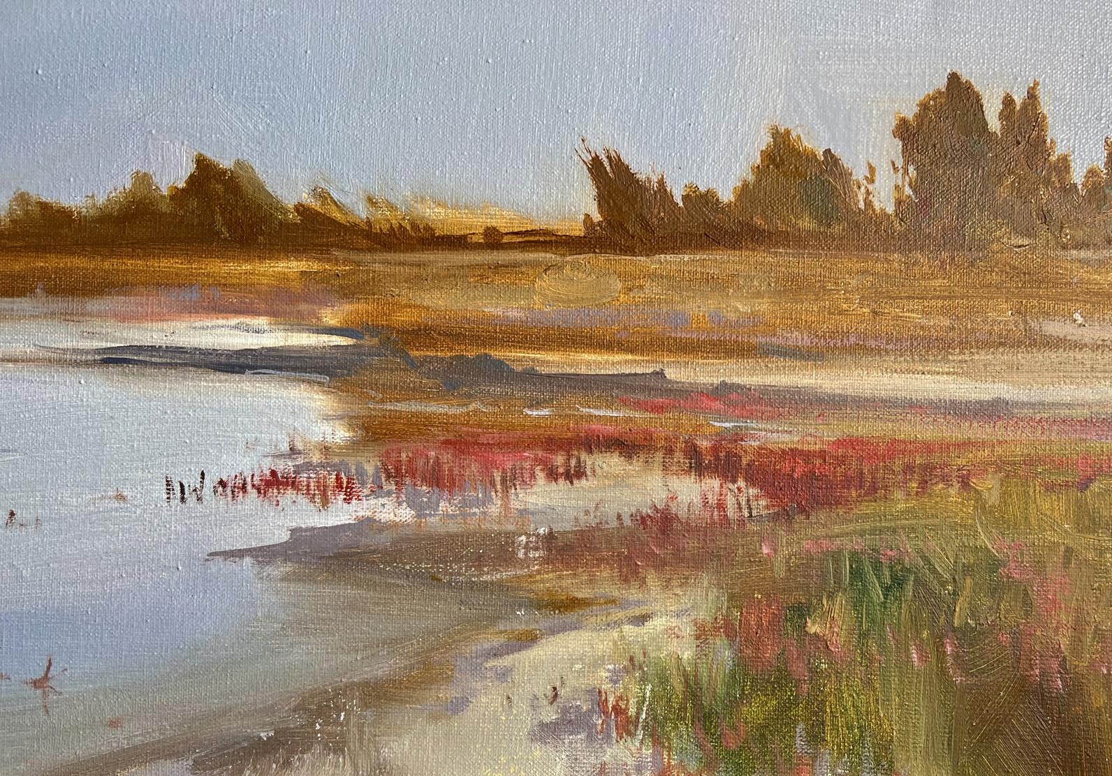 Oil painting Evening by the River by Tatyana Derdey marshland scene