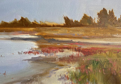 Oil painting Evening by the River by Tatyana Derdey marshland scene