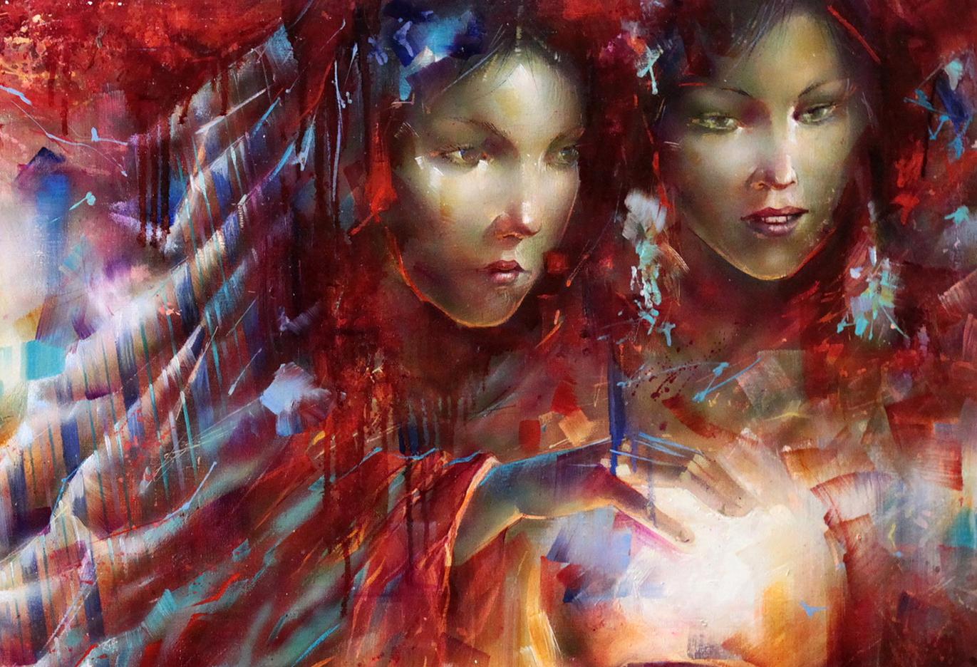 Vibrant abstract oil painting of two women with glowing ball by Alexander Dobrodiy