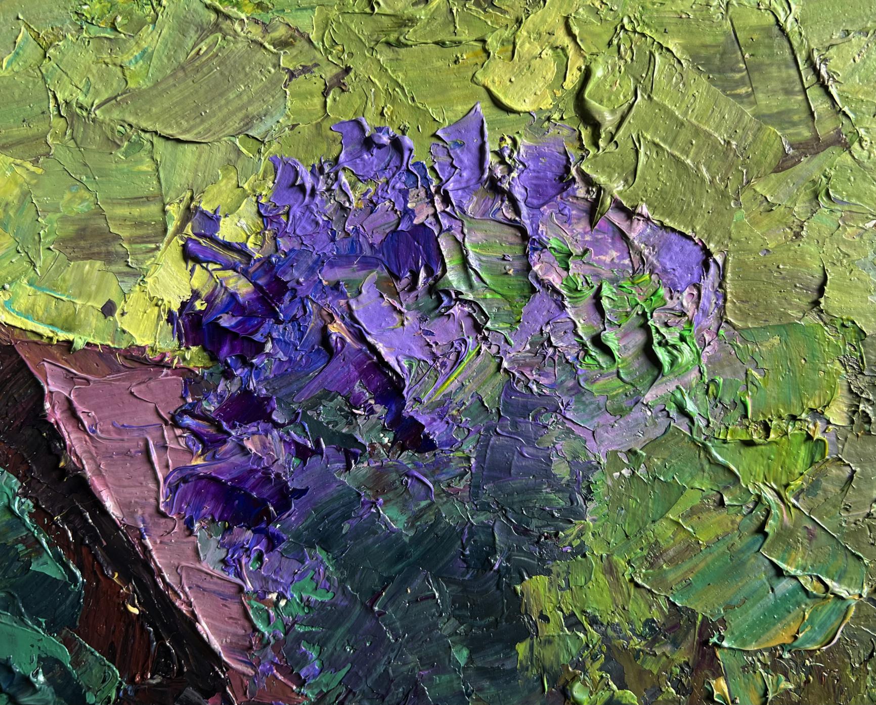 Oil painting of lilac bush in garden by Boris Serdyuk, purple on green