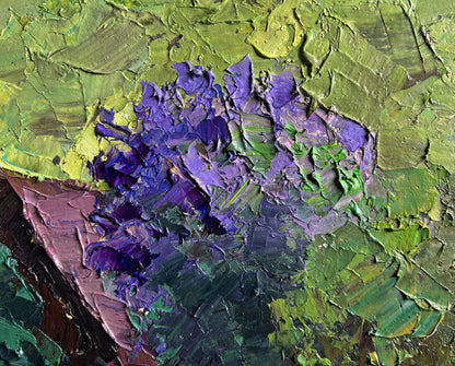 Oil painting of lilac bush in garden by Boris Serdyuk, purple on green