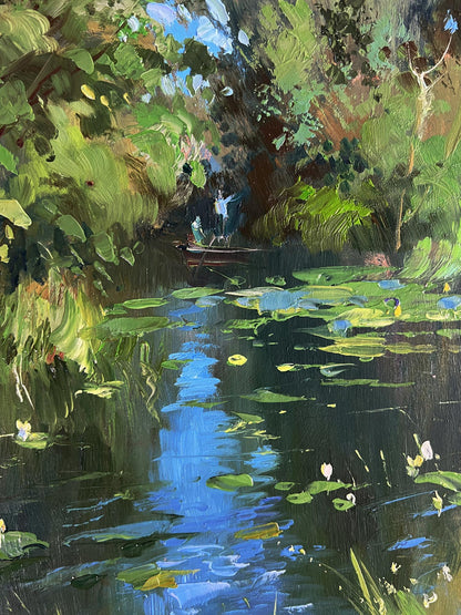 Vibrant impressionist oil painting of forest summer lake by Yuriy Suprunchuk