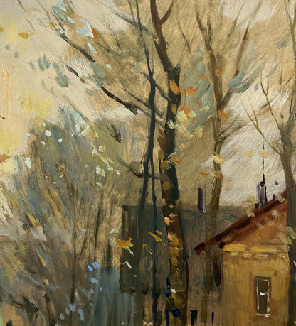 Oil painting Reflections of Autumn by Yuriy Suprunchuk with bare trees and rustic house