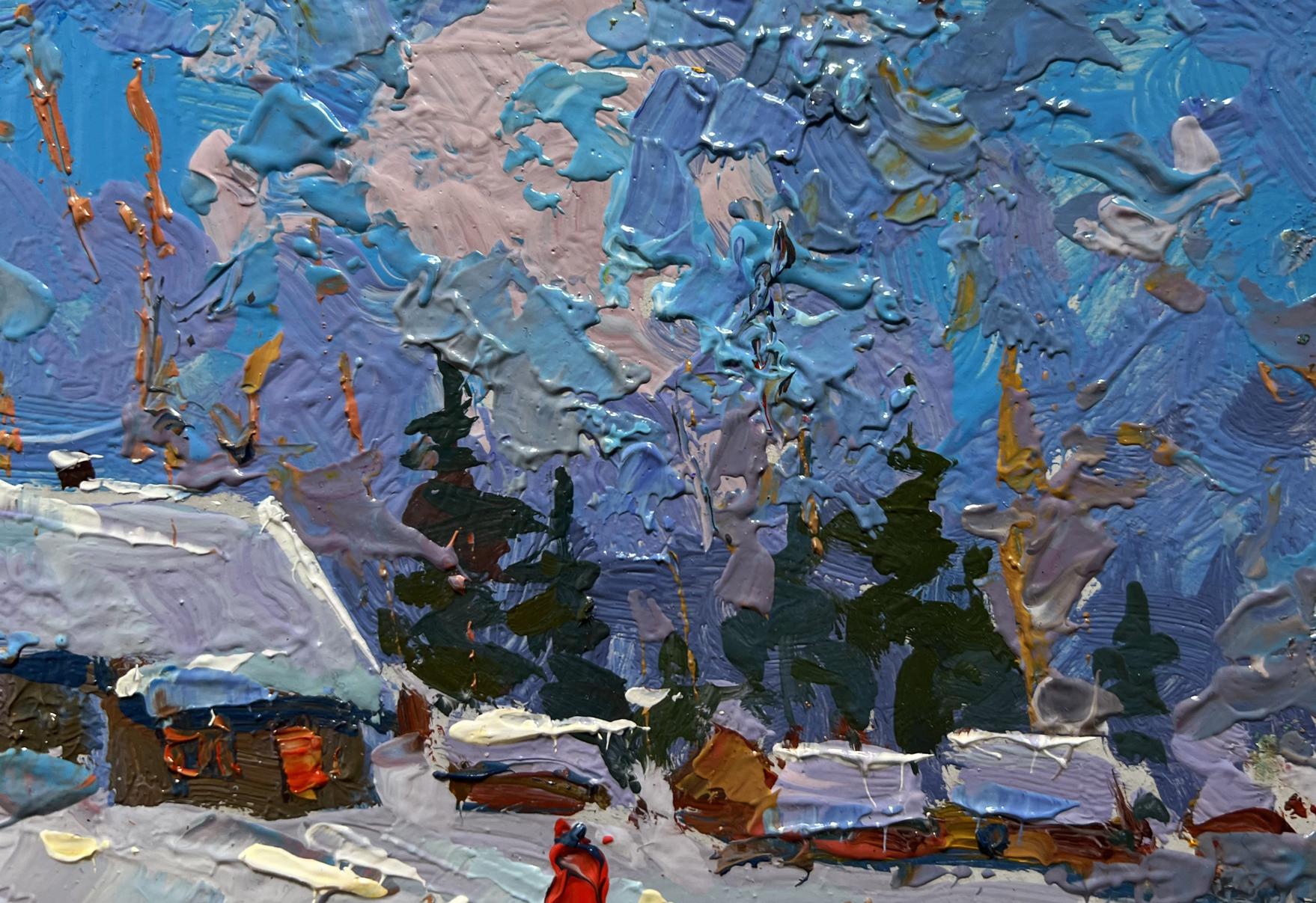 Textured impressionistic oil painting of snowy village by Oksana Ivanyuk