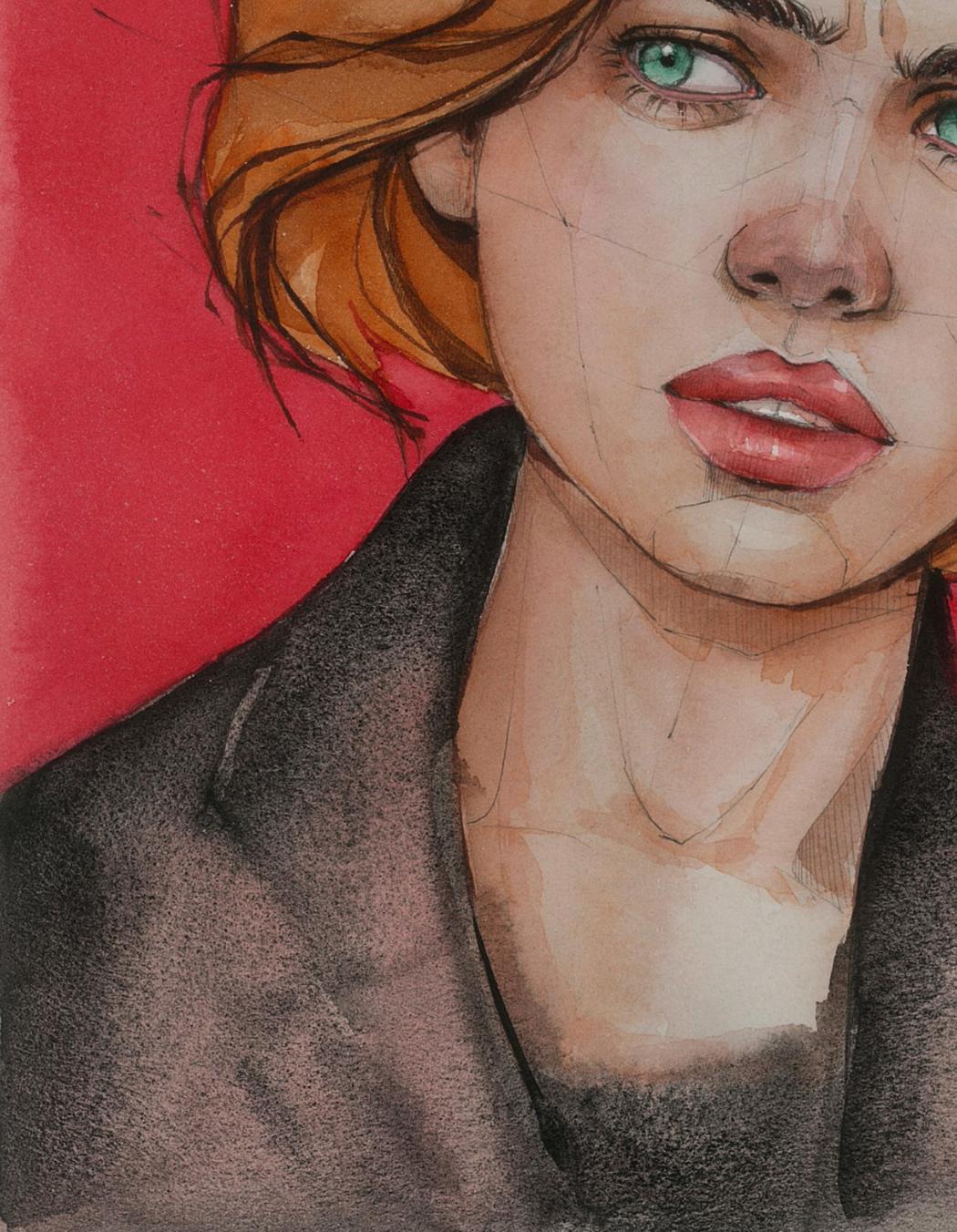 Watercolor portrait Mistrust by Victoria Kagalovska, woman with green eyes