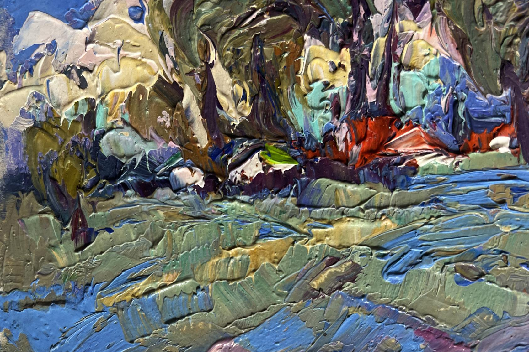 Oil painting by Oksana Ivanyuk: Clouds over village in vibrant impasto landscape