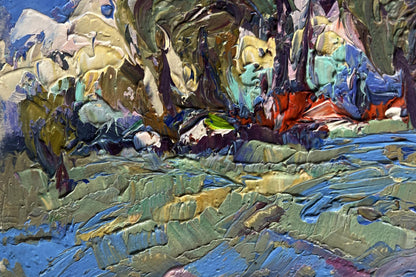 Oil painting by Oksana Ivanyuk: Clouds over village in vibrant impasto landscape