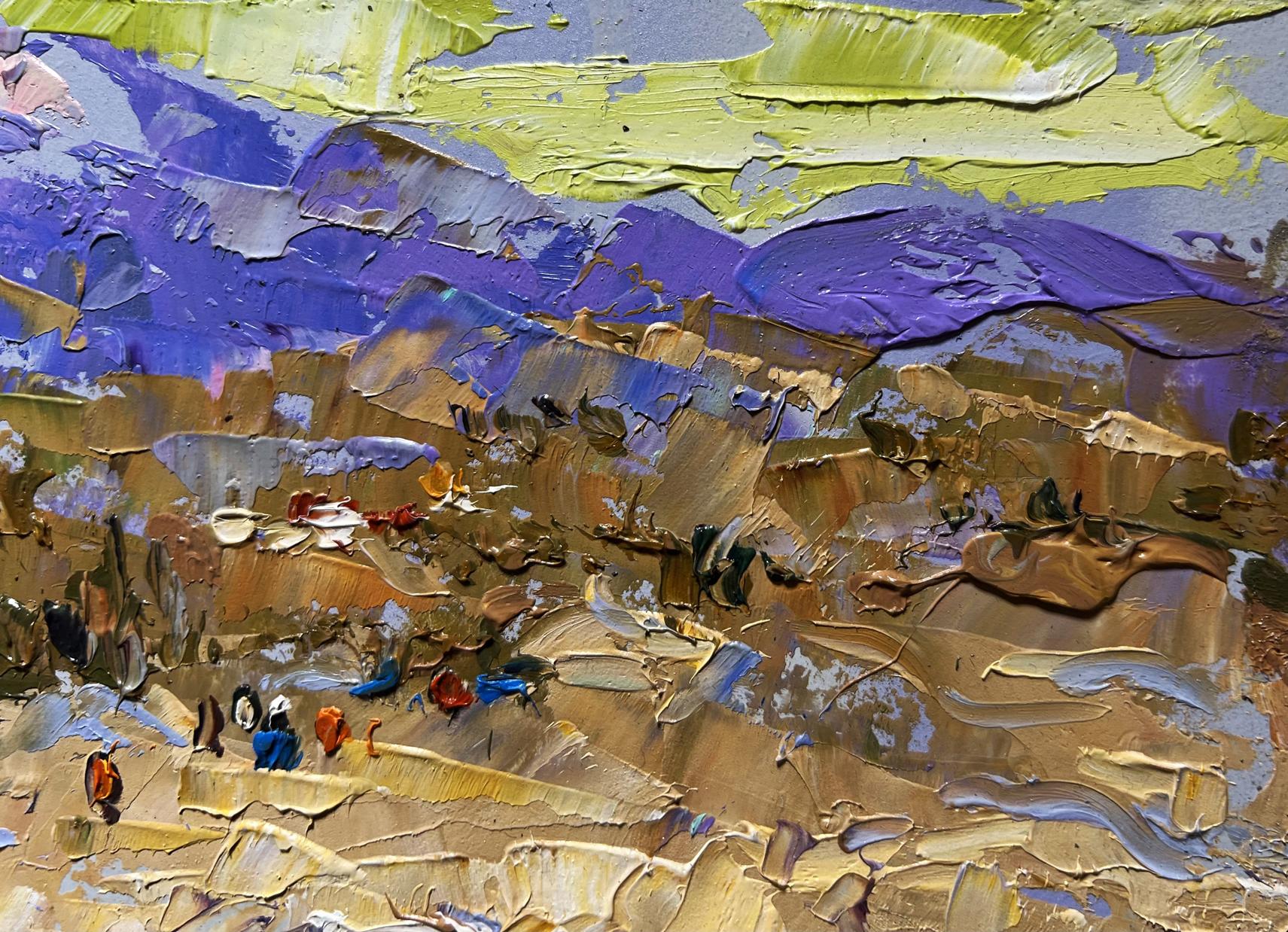 Oil painting The bank of a mountain river by Oleksiy Ivanyuk with purple mountains