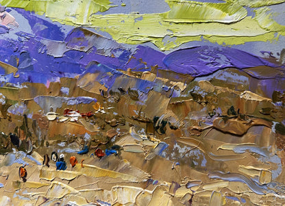 Oil painting The bank of a mountain river by Oleksiy Ivanyuk with purple mountains