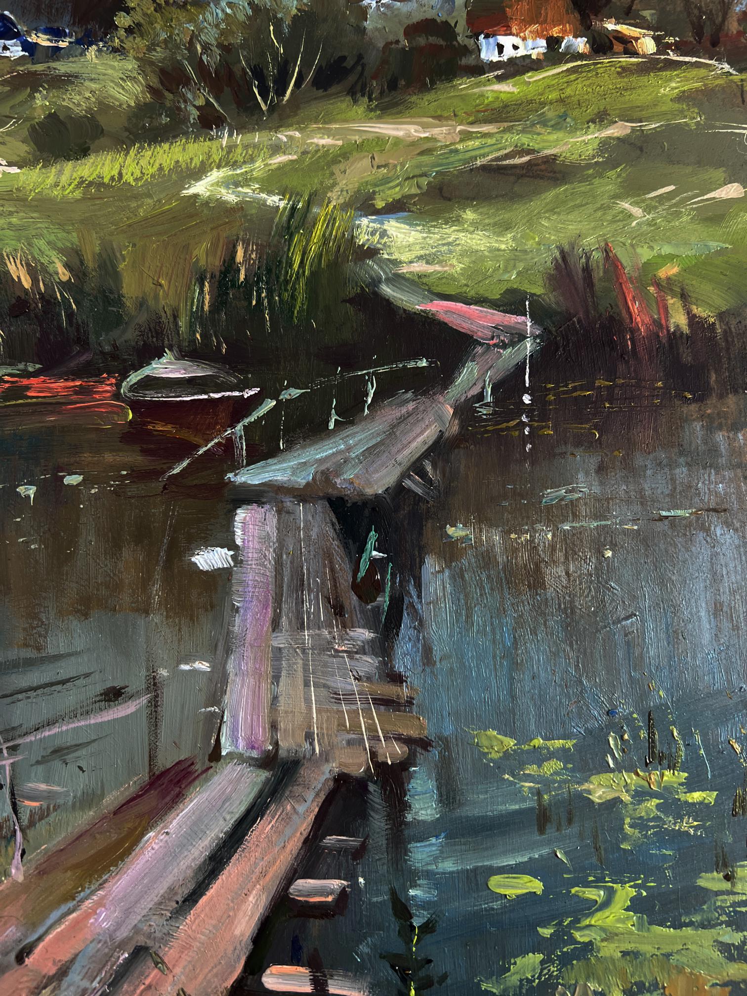 Oil painting of weathered dock in calm pond by Yuriy Suprunchuk