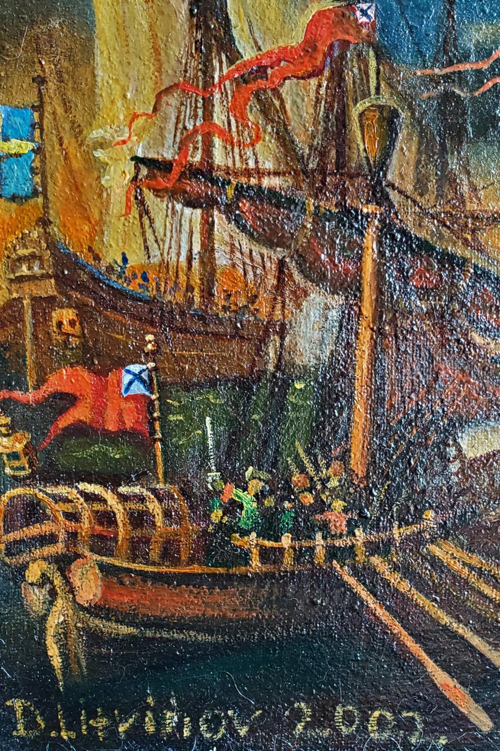 Oil painting Fights at sea by Daniil Litvinov: vibrant pirate ship in harbor