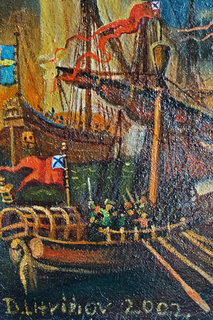 Oil painting Fights at sea by Daniil Litvinov: vibrant pirate ship in harbor