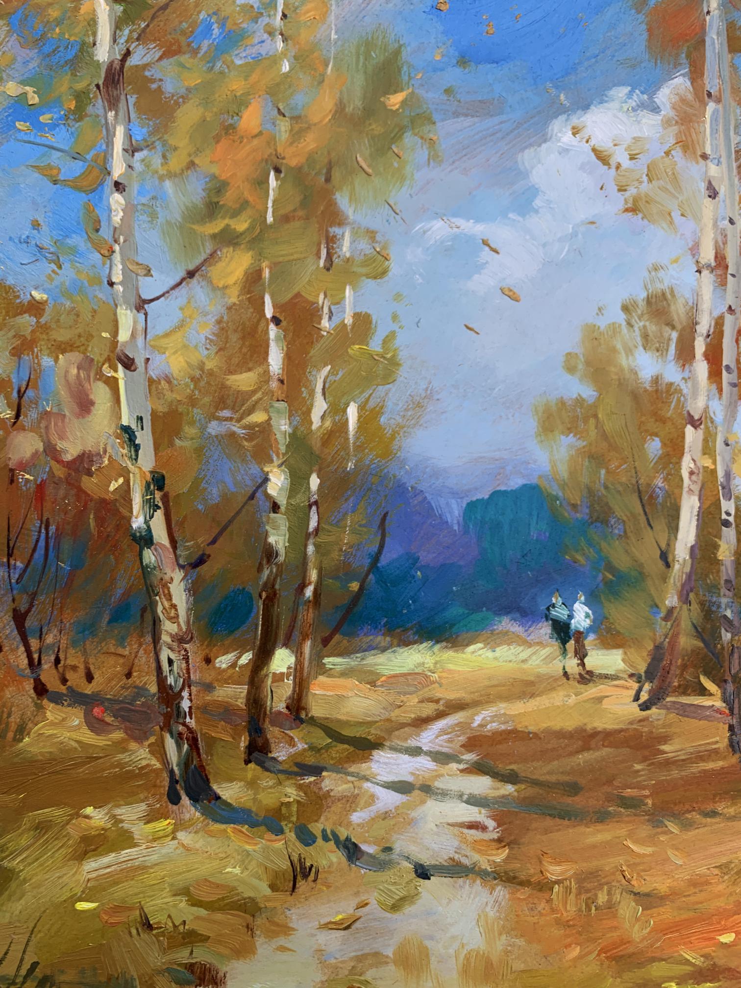 Oil painting of jogging through autumn birch forest by Yuriy Suprunchuk