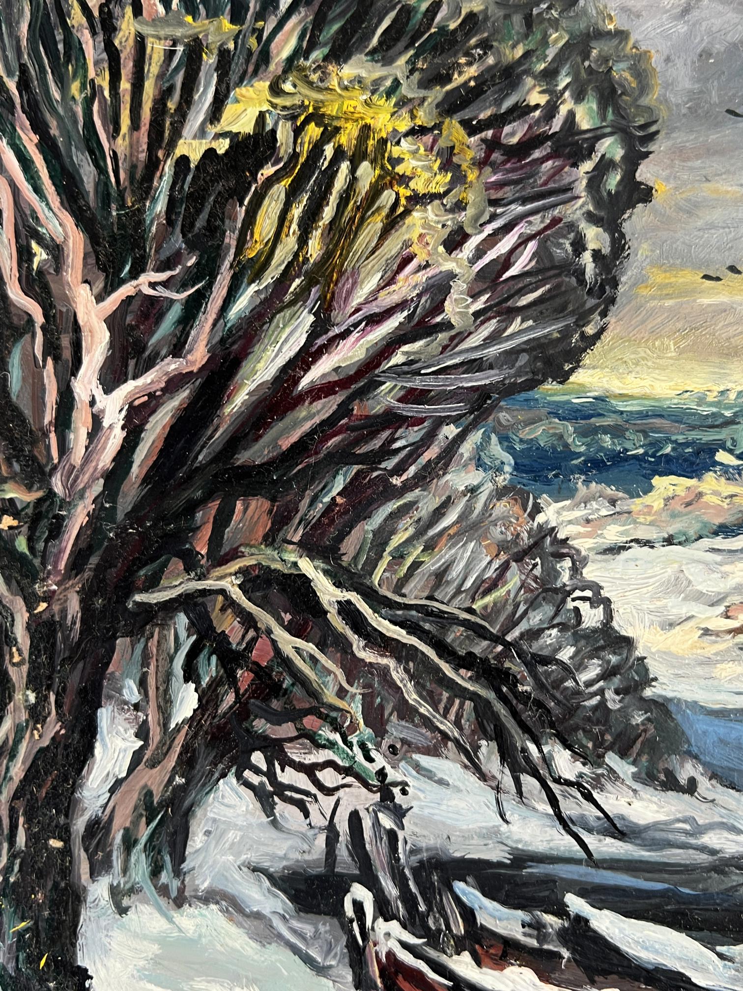 Oil painting by Alexander Litvinov: gnarled tree in snowy winter forest stream