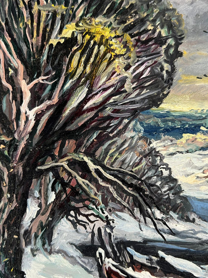 Oil painting by Alexander Litvinov: gnarled tree in snowy winter forest stream
