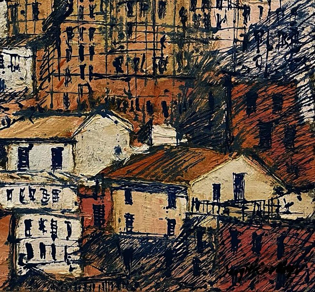 Oil painting graphic of the city by Serhiy Kovalev, textured urban landscape