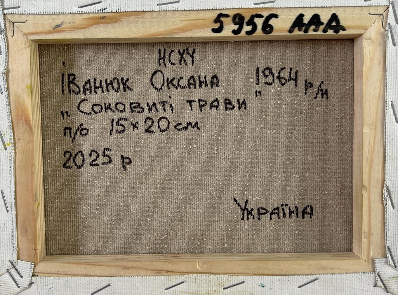 Back of framed oil painting Cows grazing in meadow by Oksana Ivanyuk with Ukrainian text