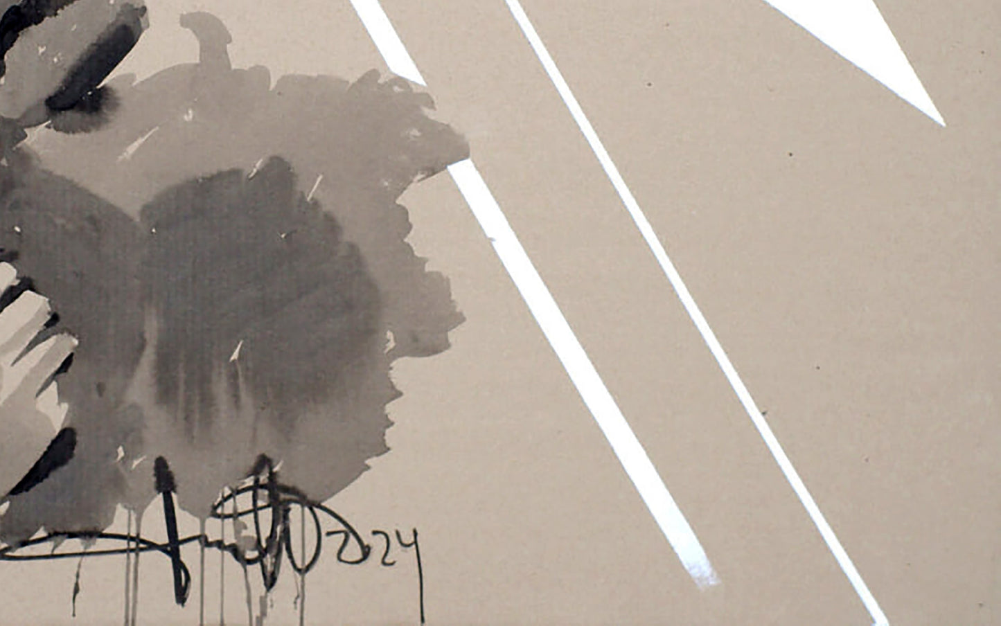 Abstract Rain by Dima Filatov: black gray ink splatters, white lines on beige