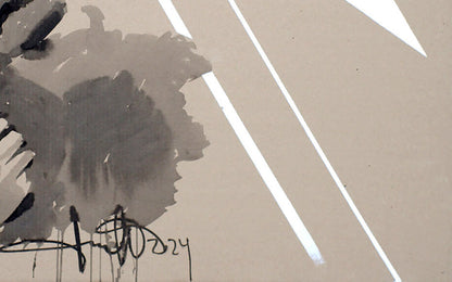 Abstract Rain by Dima Filatov: black gray ink splatters, white lines on beige