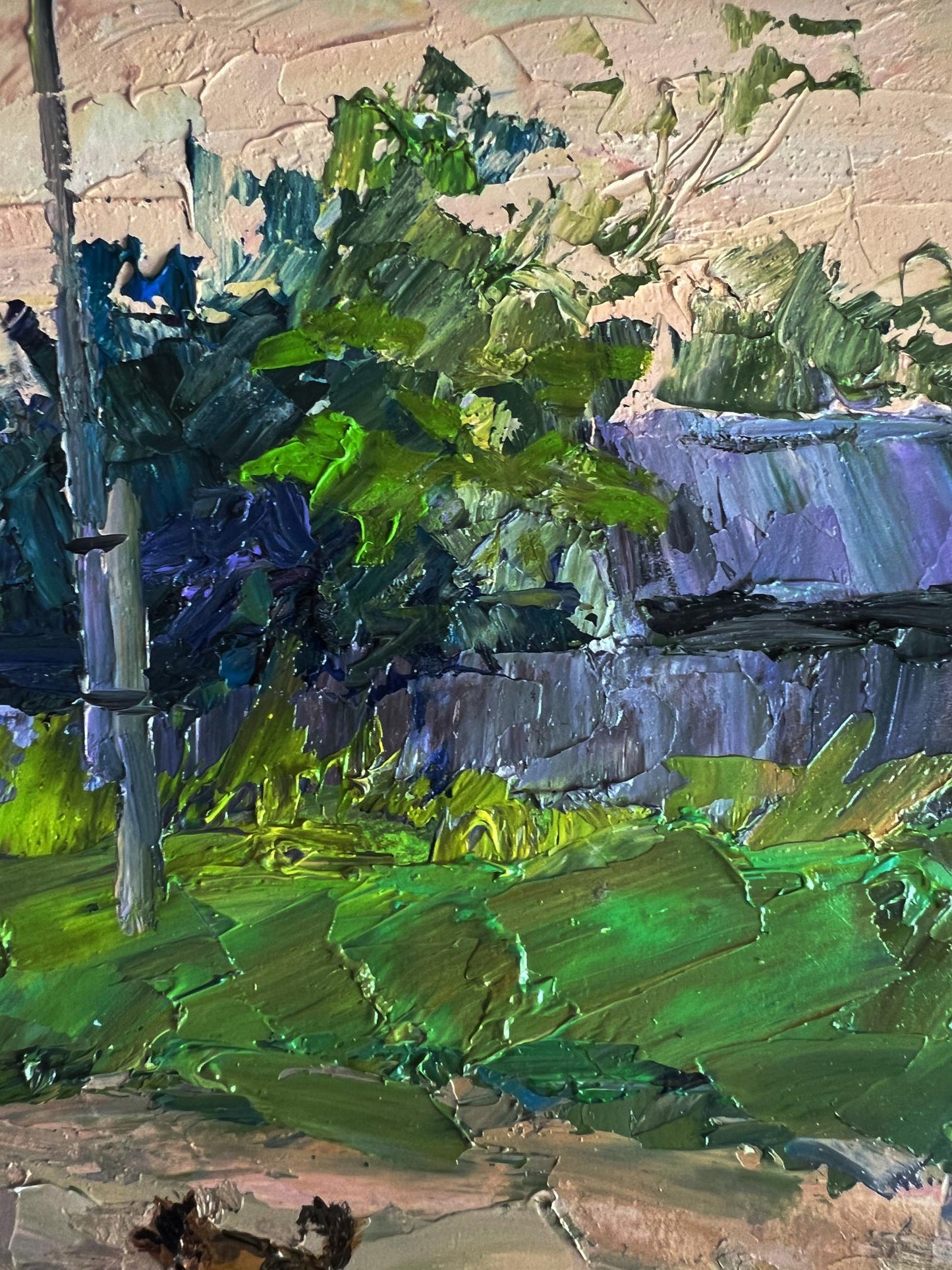 Oil painting Country life with dog by Boris Serdyuk, impressionist green blue strokes on beige wall