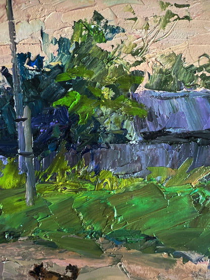 Oil painting Country life with dog by Boris Serdyuk, impressionist green blue strokes on beige wall