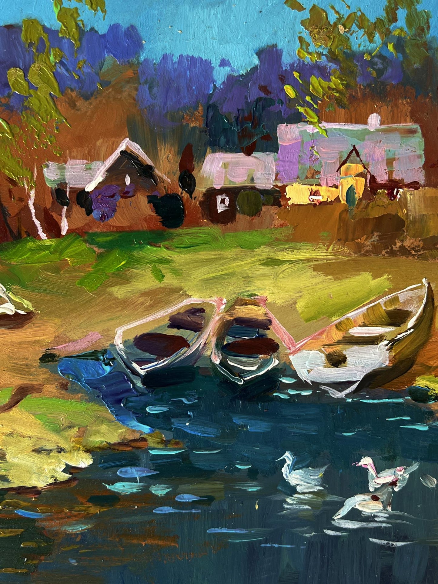 Oil painting by Yuriy Suprunchuk: geese swim near river with rowboats