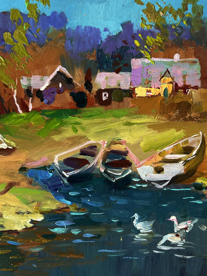 Oil painting by Yuriy Suprunchuk: geese swim near river with rowboats