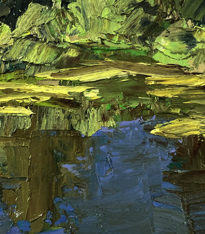 Oil painting Trees near the pond by Boris Serdyuk, textured forest reflection