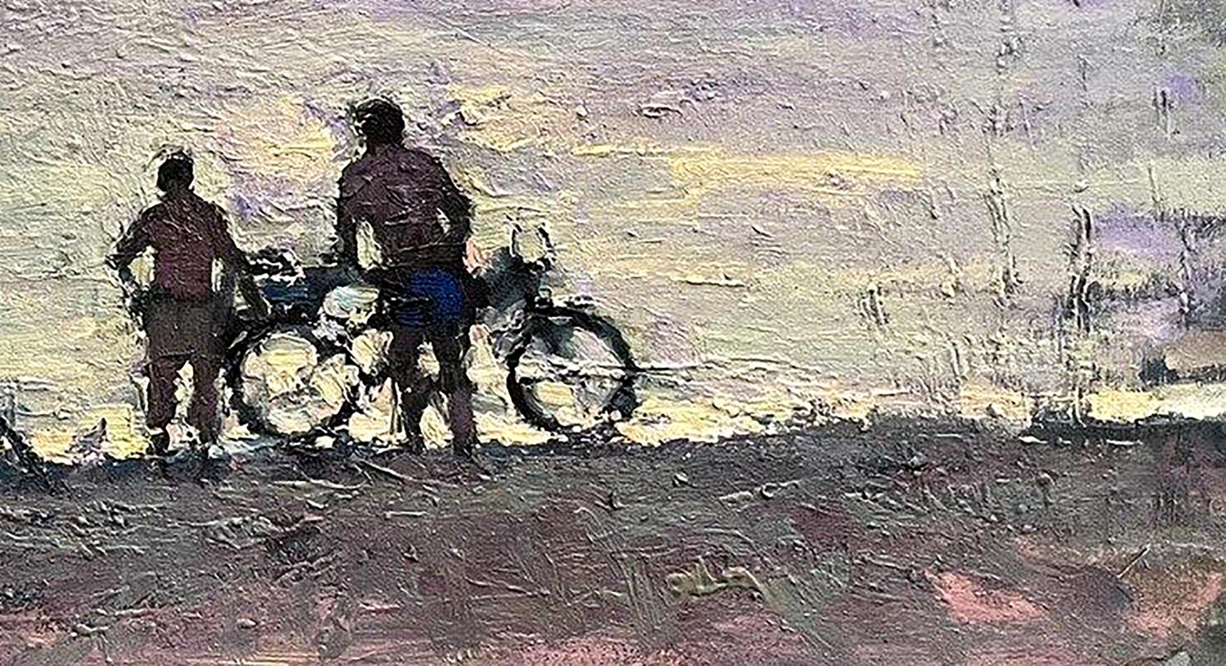 Oil painting Conversation by Volodymyr Pashchenko: silhouetted figures and bicycle