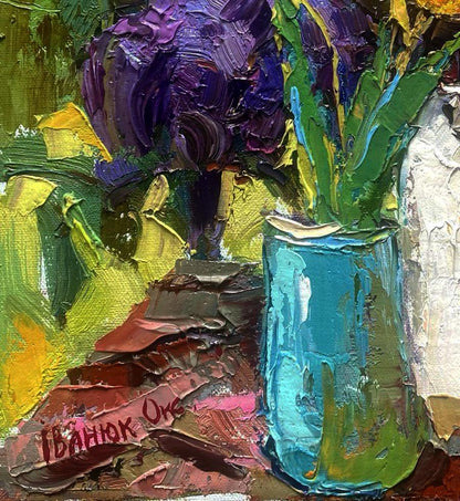 Oil painting of vibrant purple lilac petals in turquoise vase by Oksana Ivanyuk