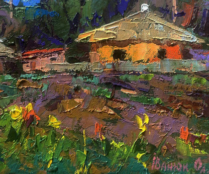 Oil painting Warm evening rays on old porch by Oleksiy Ivanyuk