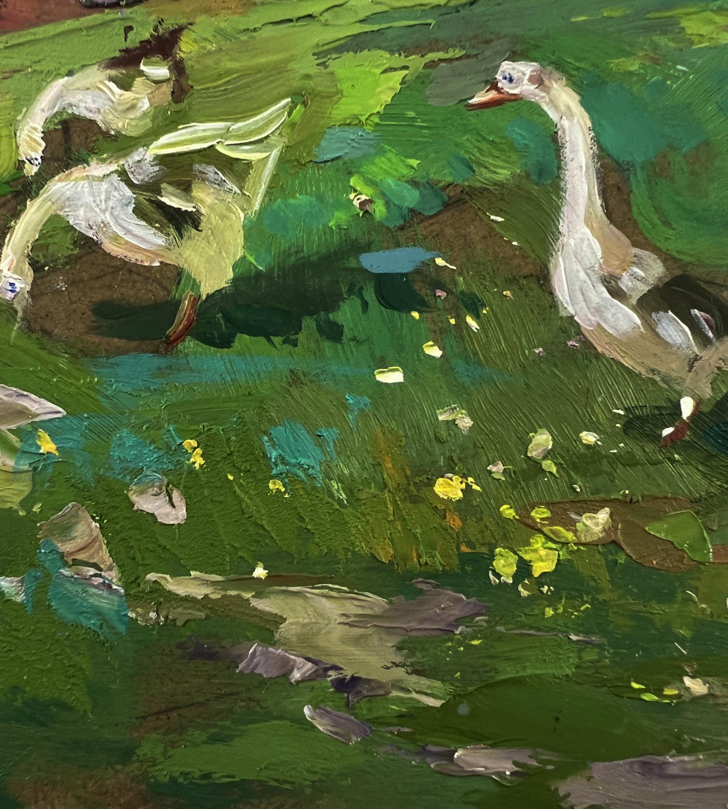 Oil painting Geese in the village by Yuriy Suprunchuk textured impressionist geese in pond
