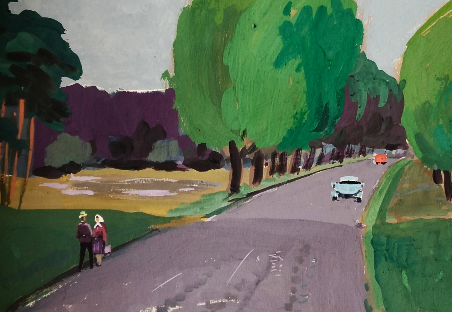 Gouache painting Road to Travel by Vitaly Duhnevich: winding road with trees