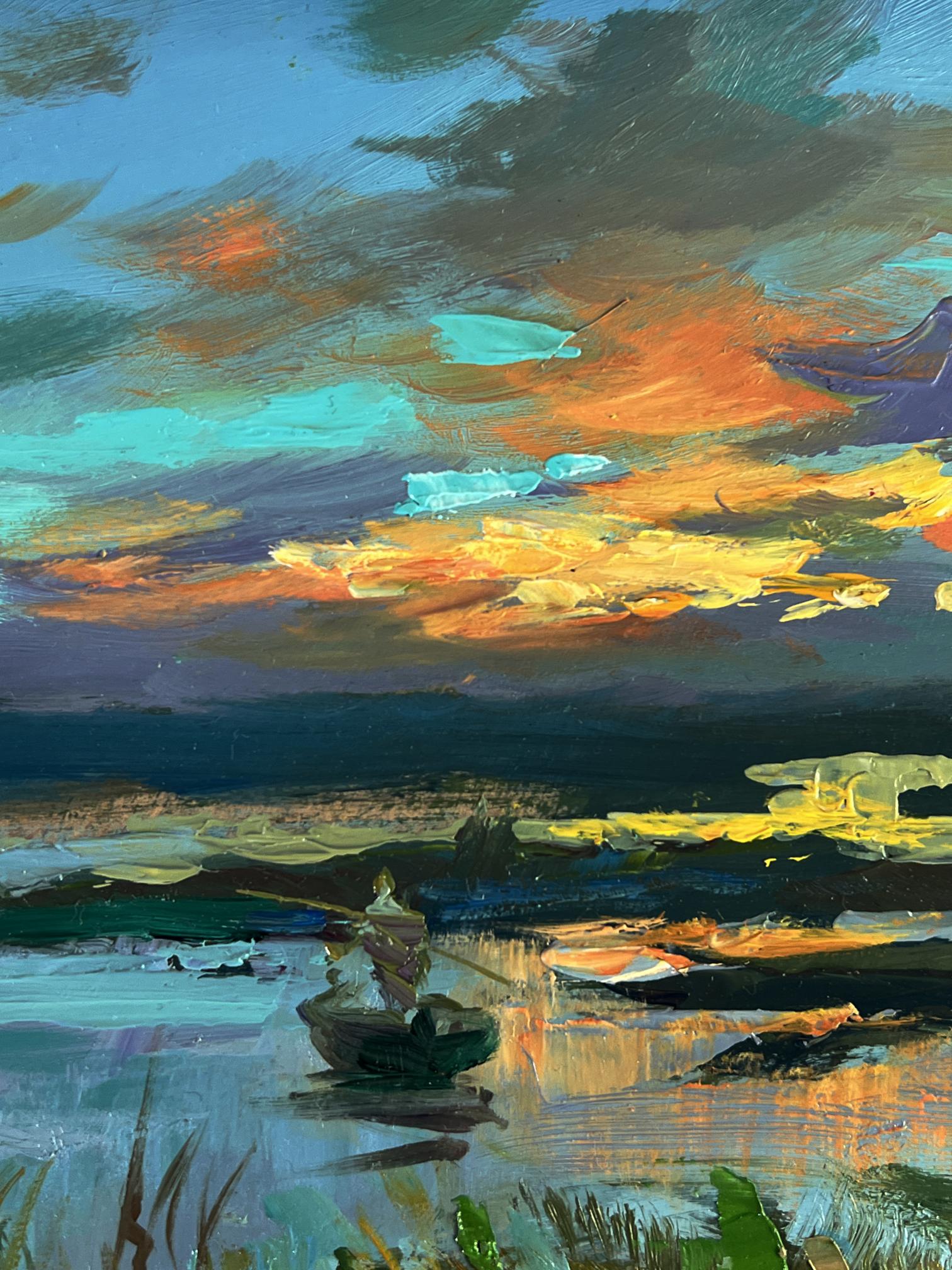 Vibrant impressionist oil painting of sunset fishing by Yuriy Suprunchuk