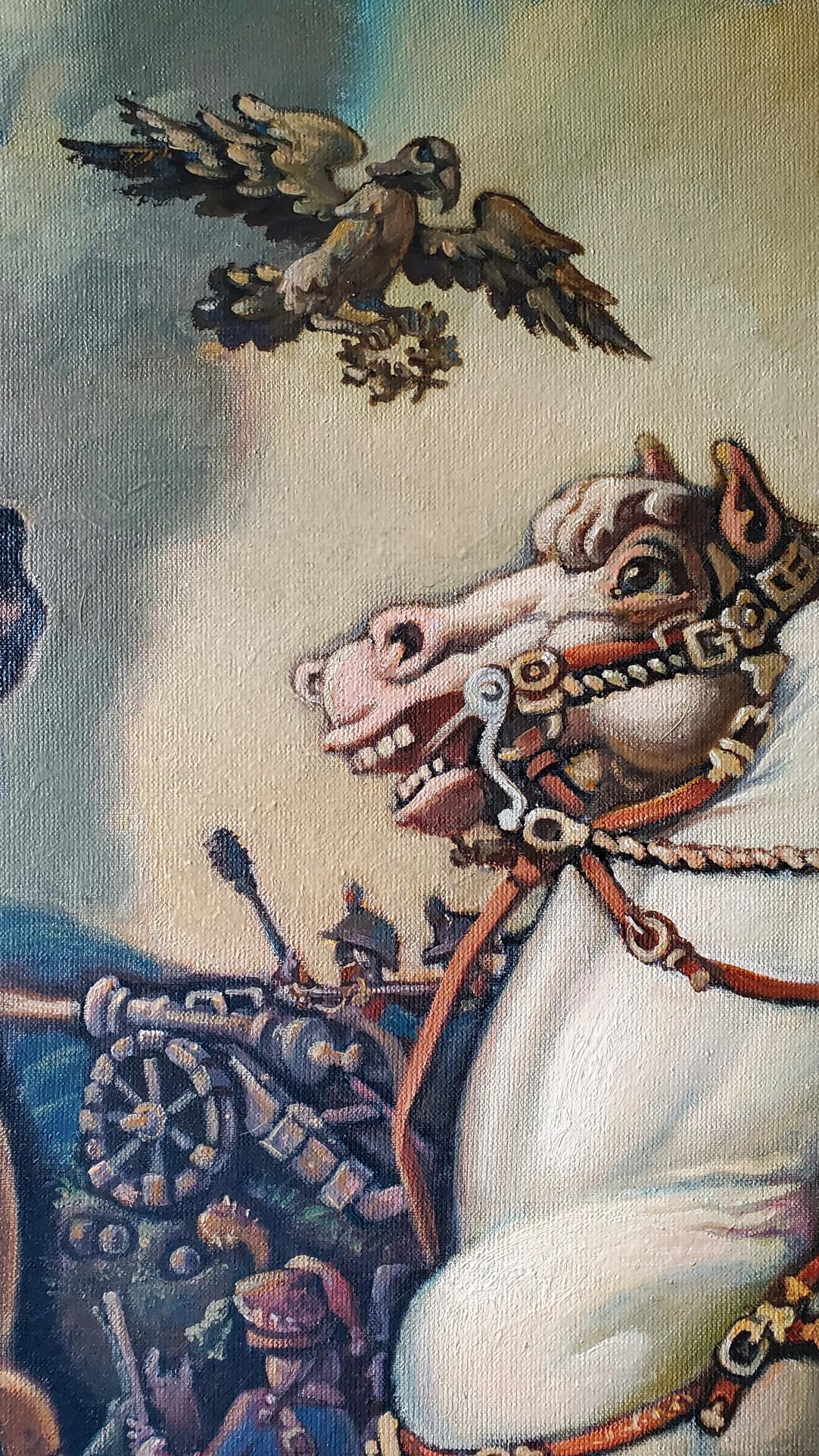 Oil painting of white horse with ornate bridle by Daniil Litvinov
