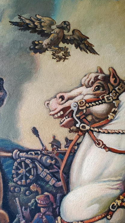 Oil painting of white horse with ornate bridle by Daniil Litvinov