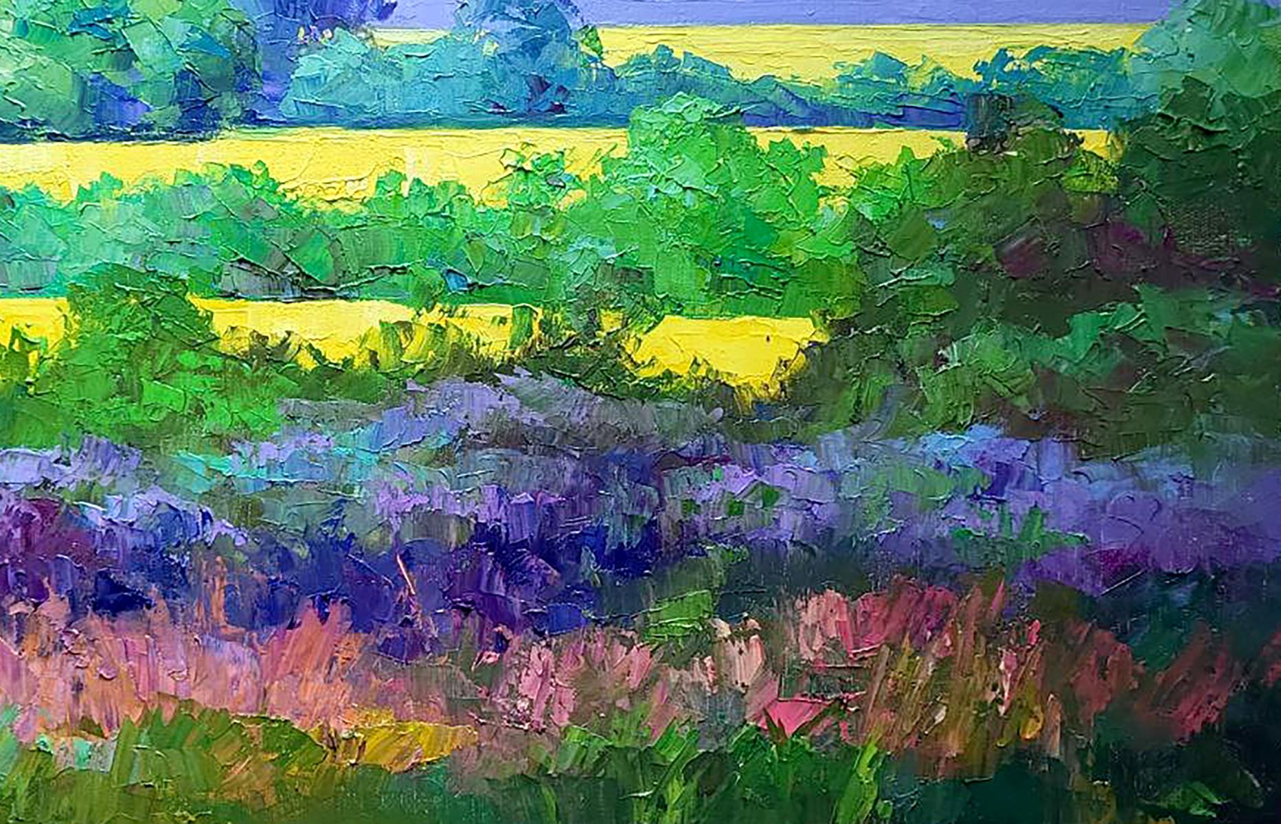 Vibrant impressionist oil painting of rapeseed fields by Boris Serdyuk