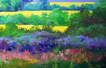 Vibrant impressionist oil painting of rapeseed fields by Boris Serdyuk