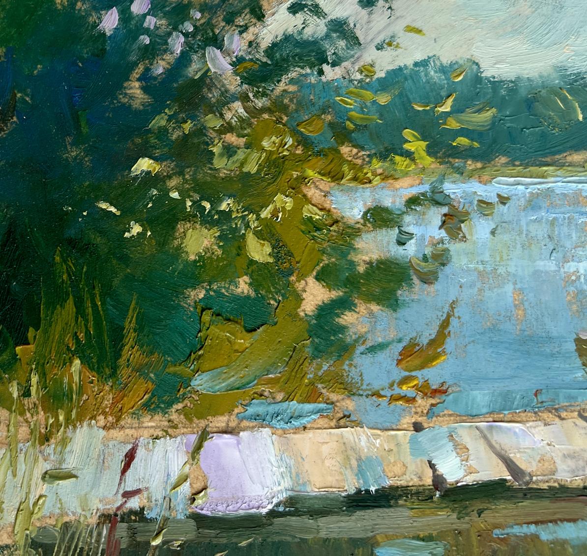 Oil painting Good fishing holiday by Yuriy Suprunchuk with lush foliage and waterway