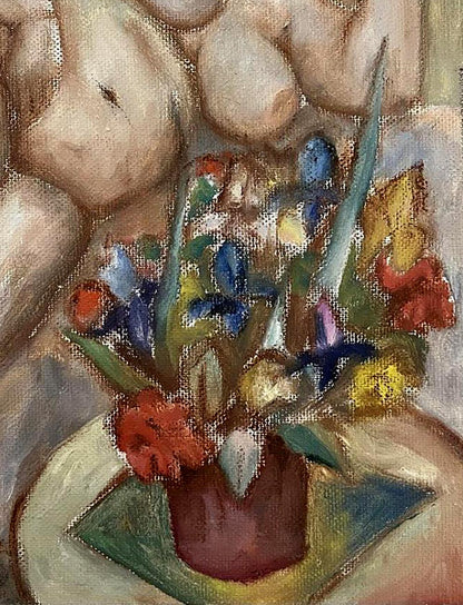 Oil painting Undraped with flowers by Tatyana Nikolsk in vibrant red vase