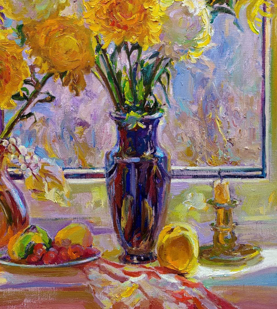 Oil painting Sunny autumn Leonid Pavlenko with blue vase and yellow white flowers