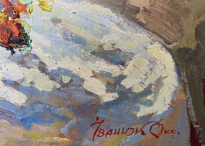 Oil painting The warmth of marigolds by Oksana Ivanyuk with textured palette