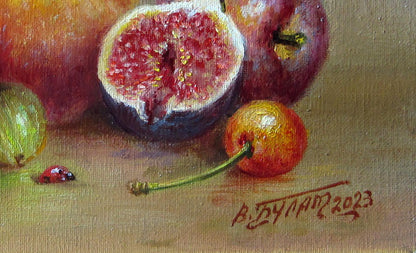 Oil painting Fruit still life Valeriy Bulat: vibrant cross-sectioned fig