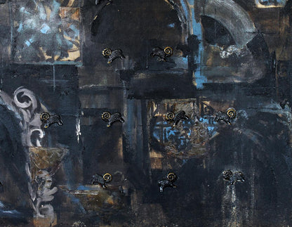 Black ram knobs with gold horns on Oil painting City under siege Ed Potapenkov